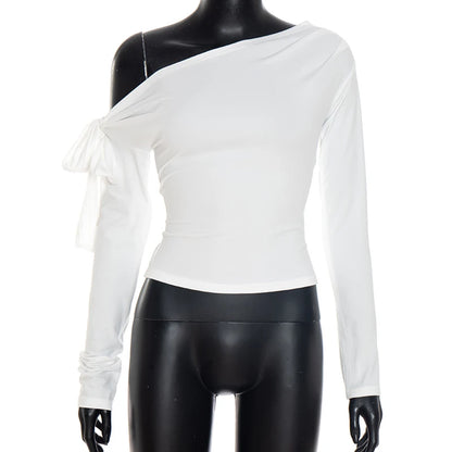 CUTENOVA Fall New Arrival Women Gathered One-Shoulder Twisted Tie-Front Asymmetrical Long-Sleeve T-Shirt Simple Casual Sweet Top.