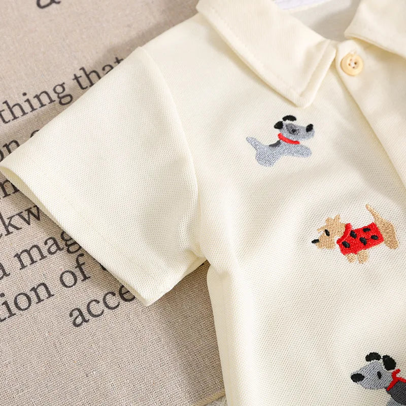 Baby Sommer Kleidung 0-2T Cartoon Hunde Stickerei Kurzarm Romper Infant Jungen Revers Shorts Ein Stück Kleinkind outfit.