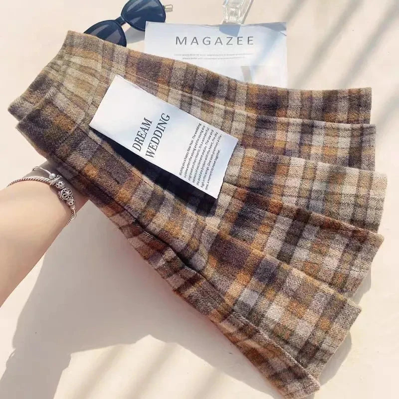 Plaid Woolen Pleated Skirts for Women Fall Winter High Waist Preppy Warm Mini Skirts Lady Fashion Korean All-Match A Line Skirts