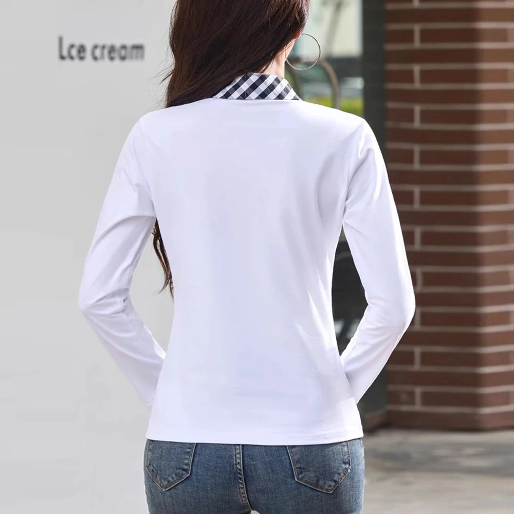 European station lapel long sleeved t-shirt women's new high-end fashion light luxury casual plus size spring and autumn top.