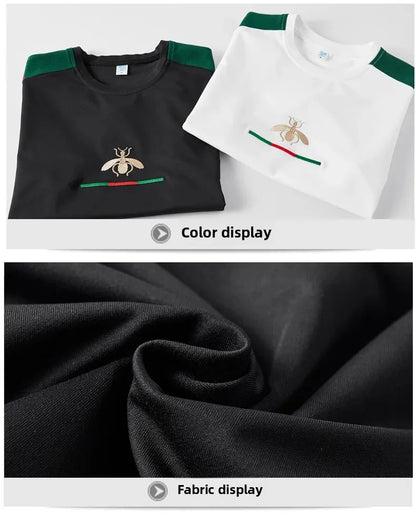 Casual Embroidered Short Sleeve Long Pants Set round Neck Two Piece Set Men's Fashionable Korean Style Spring Autumn Wear.