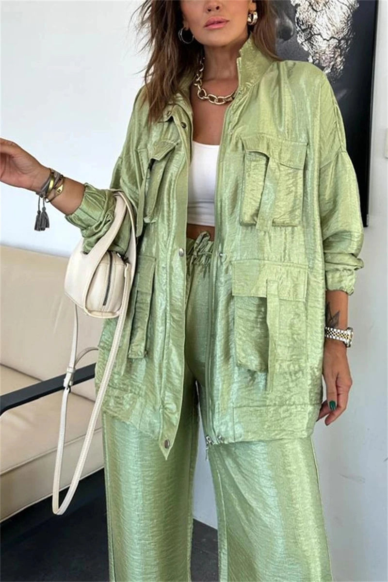 Streetwear 2 Piece Sets Women Outfit Spring Clothes Women 2025 Solid Pocket Jacket Top and Pant Sets Safari Style Tracksuits Set.