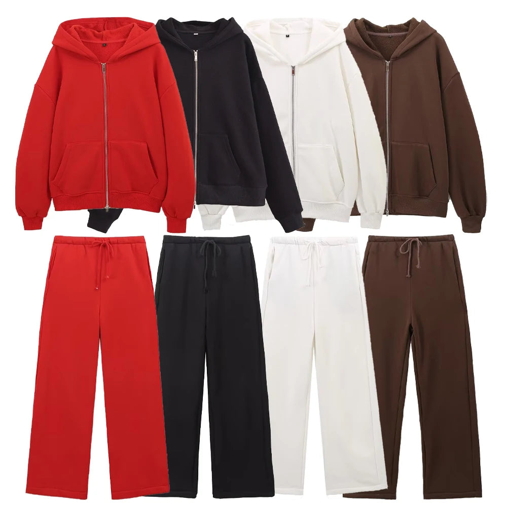 autumn new women's fashionable casual zipper decoration hooded long sleeved sportswear jacket wide leg pants set.