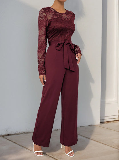 Spring New Women's Sexy Lace Spliced Long Jumpsuit Fashion Solid Color Hollow Long Sleeve Casual Laces Wide Leg Jumpsuit Women.