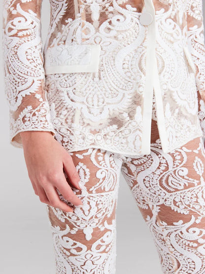 VC Pant Sets Women Fashion Sexy Hollow Out Tight Long Sleeves Blazer And Trousers Suit Mesh Outfits.