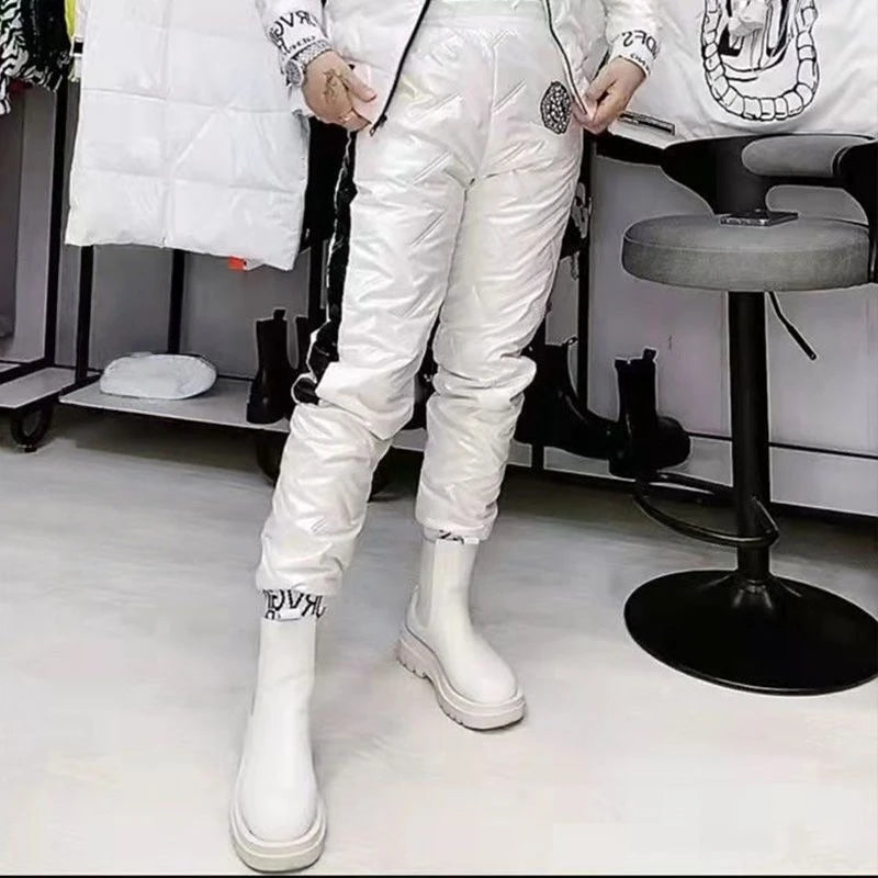 Mode Winter Glänzend Parkas Frauen Anzug Übergroßen Zwei Stück Set Casual Mit Kapuze Baumwolle Gepolsterte Kurzen Mantel + Verdicken Warme Hose Sets