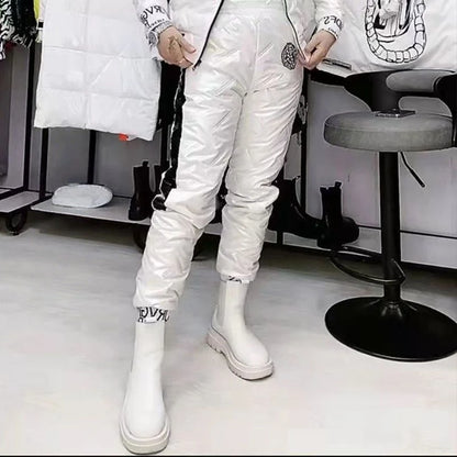 Mode Winter Glänzend Parkas Frauen Anzug Übergroßen Zwei Stück Set Casual Mit Kapuze Baumwolle Gepolsterte Kurzen Mantel + Verdicken Warme Hose Sets