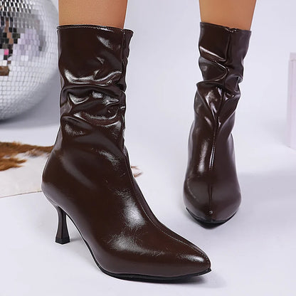 Sexy Pu Leather Thin High Heels Boots Women Back Zipper Pointed Toe Ankle Boots Woman Fleece Lining Warm Short Booties Mujer 42.