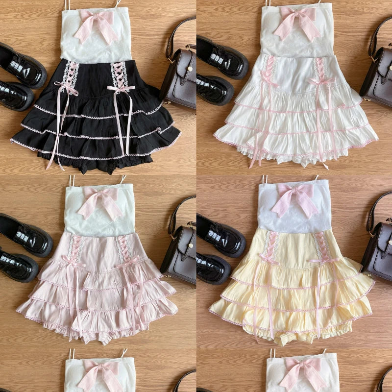 Japanese Kawaii Lolita Style Pleated Skirts Women High Waist Pink Bandage Fairy Y2k Aesthetic Skirt Cute Faldas Mujer Moda 2024.