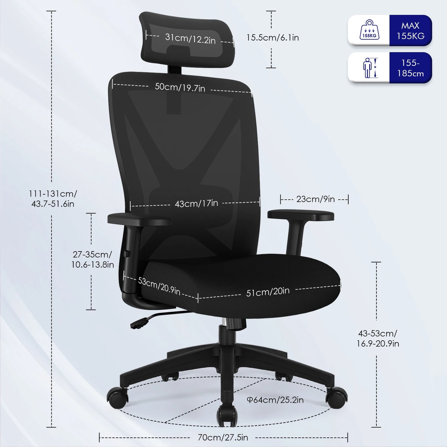 AUTHMIC Ergonomischer Bürostuhl mit Netzrücken, 5D-Lendenwirbelstütze, Liegestuhl 90–135 ° , Verstellbare Armlehne und Kopfstütze für das Heimbüro