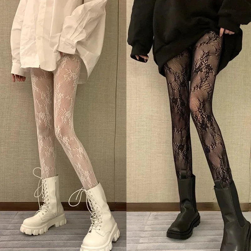 Gothic Women Lolita Leggings Hollowed Out Mesh retro Girls Stockings Japanese Bottomed Lace Pantyhose Floral Rattan Black Tights
