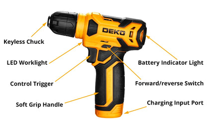 DEKO 126 Stück Elektrowerkzeug-Kombi-Sets, 10 mm, 3/8 Zoll Schnellspannbohrfutter, mit 8 V Akku-Bohrschrauber, professionelle Heim- und Haushalts-DIY-Handwerkzeug-Sets