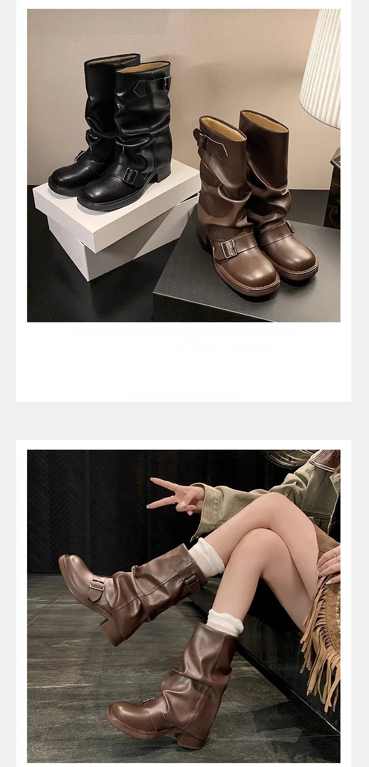 Pleated Buckle Knight Boots for Women Autumn Brown PU Leather Mid Calf Boots Woman Slip-On Thick Heel Riding Botas Mujer 2024.