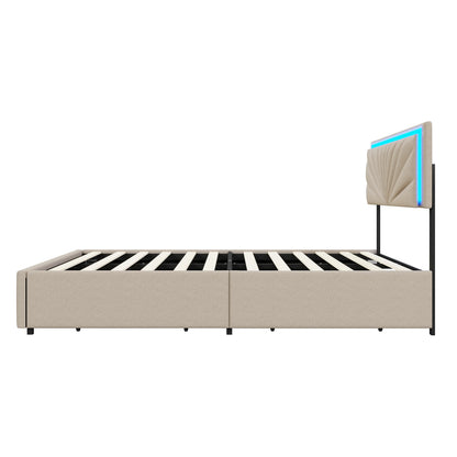Lazyspace Beige-Leinen-Polsterbett, Doppelbettrahmen, Stauraumbett mit 4 Schubladen und höhenverstellbarem Kopfteil mit RGB-LED