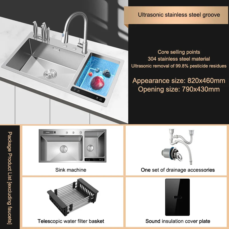 Kitchen Sink Stainless Steel Dishwashing Sink Ultrasonic Sink Dishwasher Multifunctional Intelligent Net Washer For Kitchen