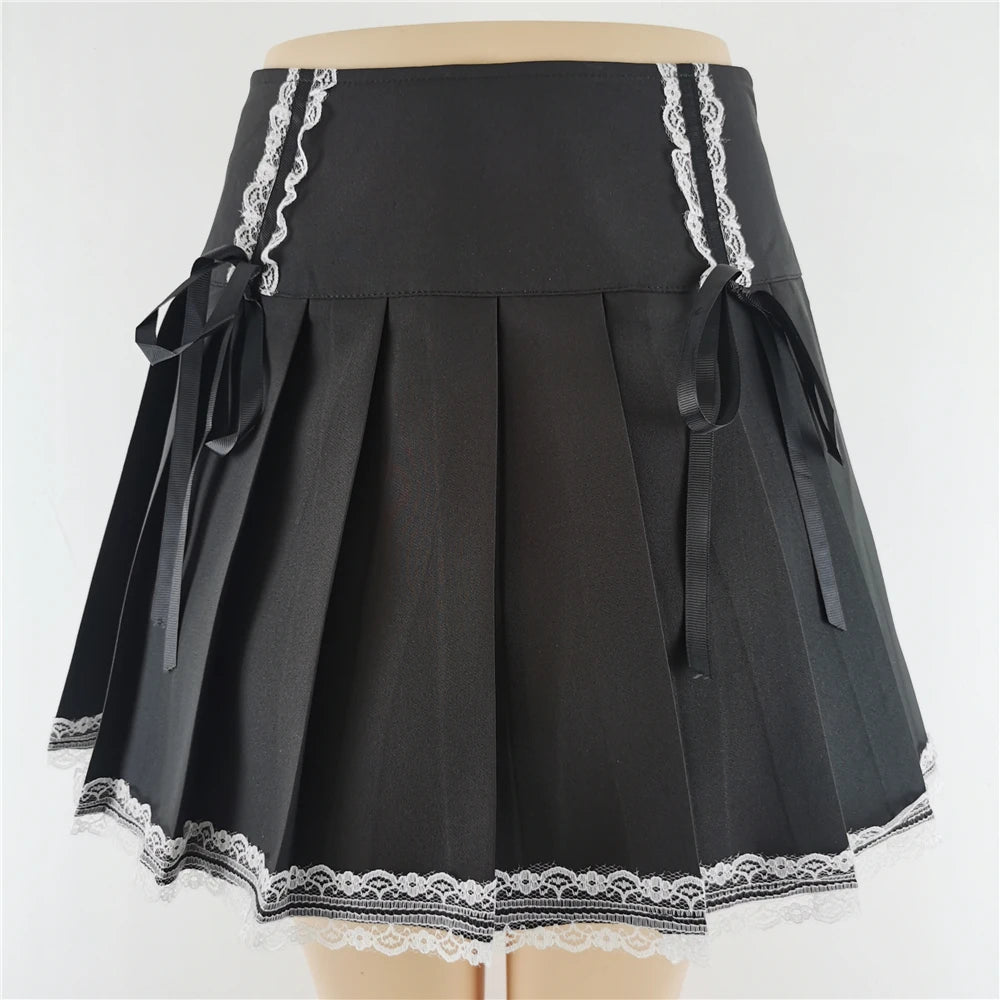 Harajuku Punk Gothic Black High Waist Black Skirts Women Sexy Patchwork Bandage Mini Female Streetwear Black Skirt.
