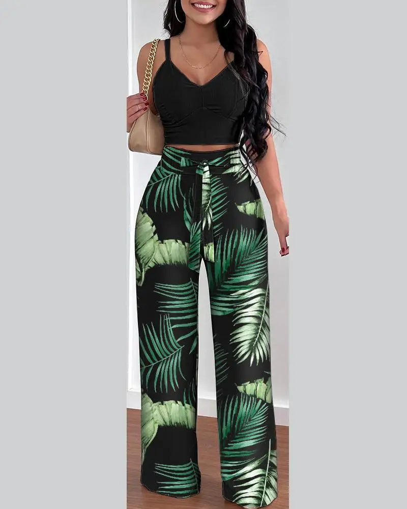 Women Fashion Print Halter V-Neck Short Tank Suit Tops Long Pants Matching Set Summer Casual Female Slim Pants Two Piece Sets