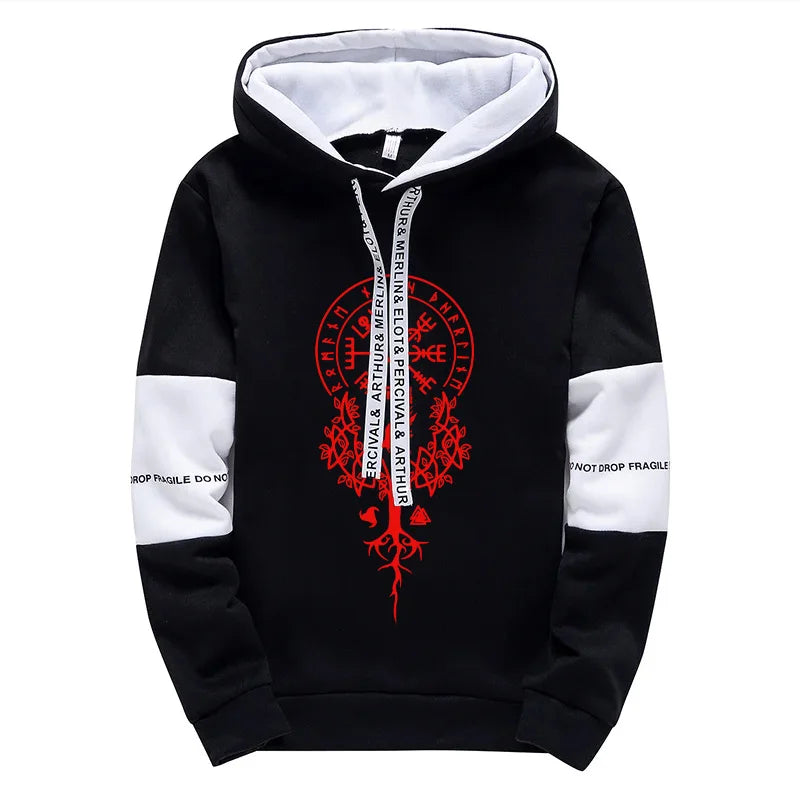 2025 Trendy Mens Tracksuit Hooded Sweatpants Viking Raven Print Autumn Winter Casual Sportswear Jogging Outfit Clothes for Man.