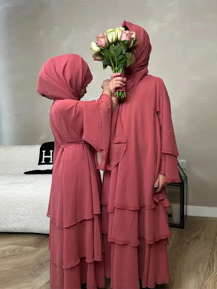Summer Modest Kaftan Hijab Dresses For Women Kids Open Chiffon Khimar Kimono Abaya Dubai Luxury Muslim Sets Islam Kebaya Damen.
