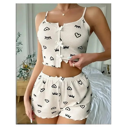 Damen Sexy Pyjamas Herz Wimpern Bedrucktes Pyjama Set V-Ausschnitt Camisole Top Shorts Loungewear.