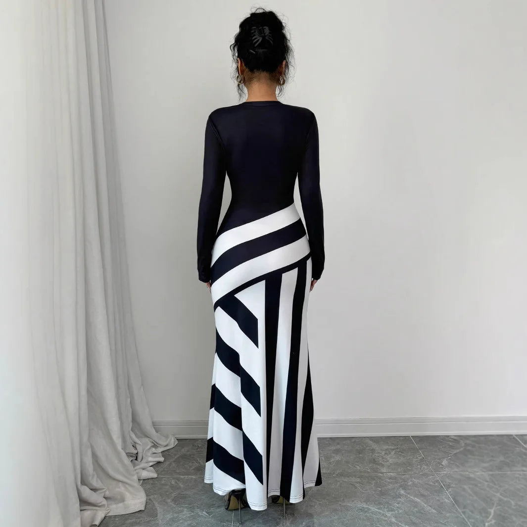 Sexy frauen Maxi Kleider Neue Herbst Streetwear Fashion Schwarz Weiß Patchwork Beiläufige Dünnes Kleid Elegante Gestrickte Kleider Kleidung.