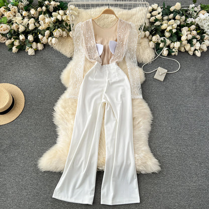 Light Luxury Elegant Women White Backless Jumpsuits Temperament O-neck Puff Long Sleeve Embroidery Female Playsuits.