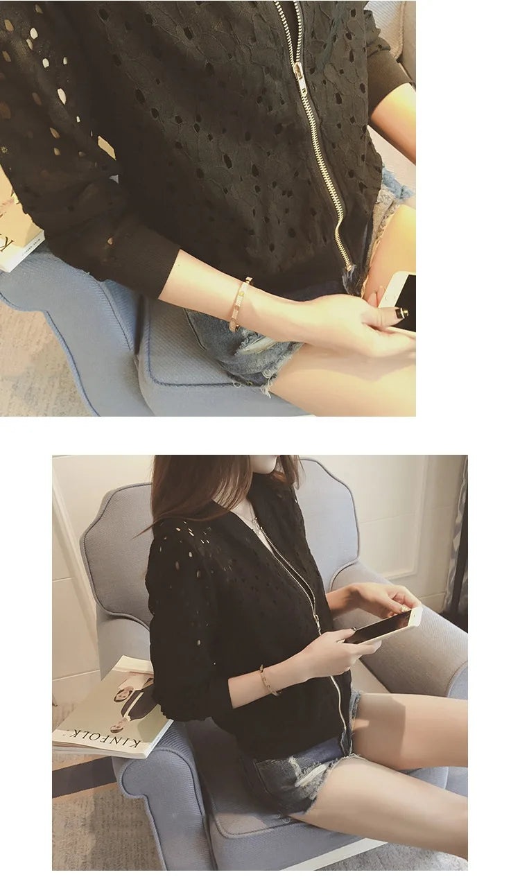 Women Spring/Autumn Cotton Lace Hollow Out Sport Jacket Long Sleeve Thin Sunscreen Outerwear Short Style Breathable Bomber Coats.