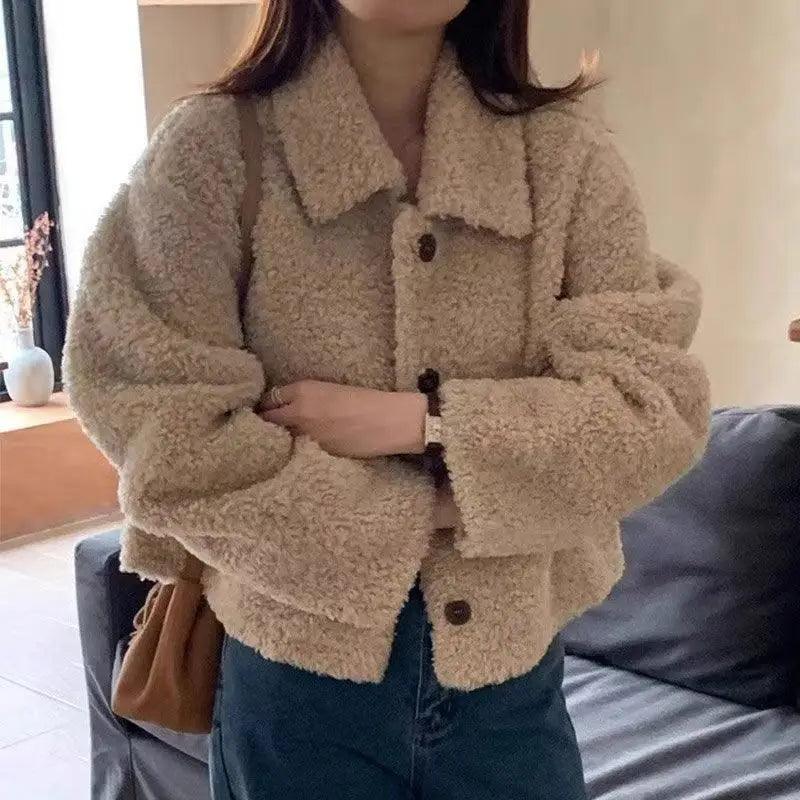 Frauen Herbst Winter Doppel Fleece Warme Verdicken Jacke drehen-unten Einreiher Kurze Oberbekleidung Lose Mode Lässig Mantel.