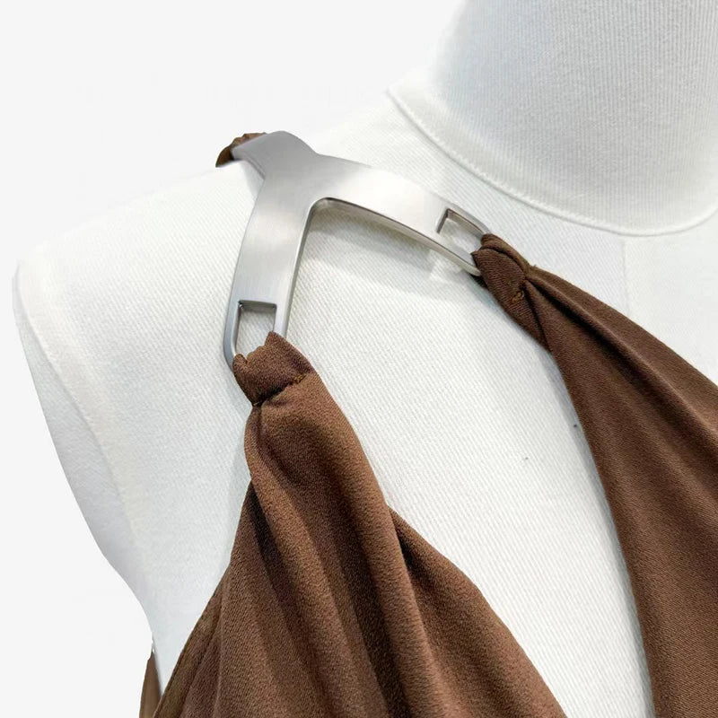 Women's One-Shoulder Metal Button Lace-Up Tank Top,Fashion Sexy Backless Ruched Top,High Quality Cotton Tops,Spring,New,2025.