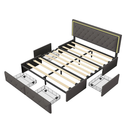 Lazyspace 4 Schubladen + RGB-LED-Kopfteil-Bettgestell, PU-Polsterbett, moderne Queen-Size-Einzel-Doppelbetten, Schlafzimmermöbel