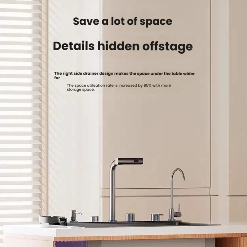 Household Intelligent Stainless Steel Kitchen Sink Digital Display Waterfall Wash Dish Basin Honeycomb Emboss Large Single Slot