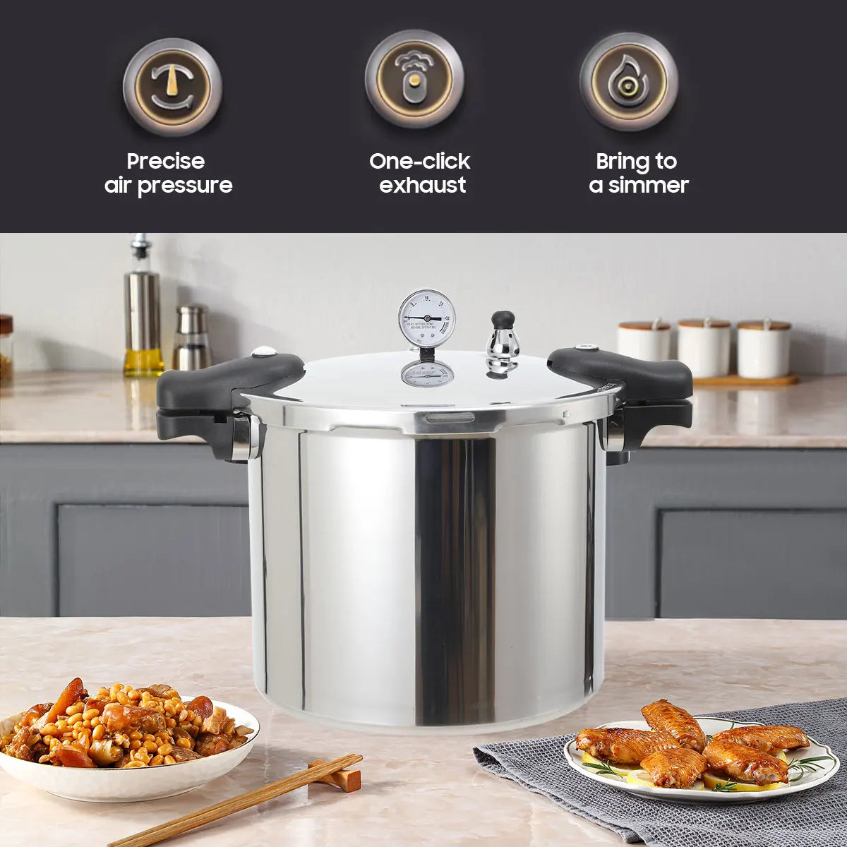 22L Aluminium Alloy Pressure Canner 90Kpa Thickened Explosion-proof Pressure Cooker Pot with Pressure Gauge and Safety Valve.