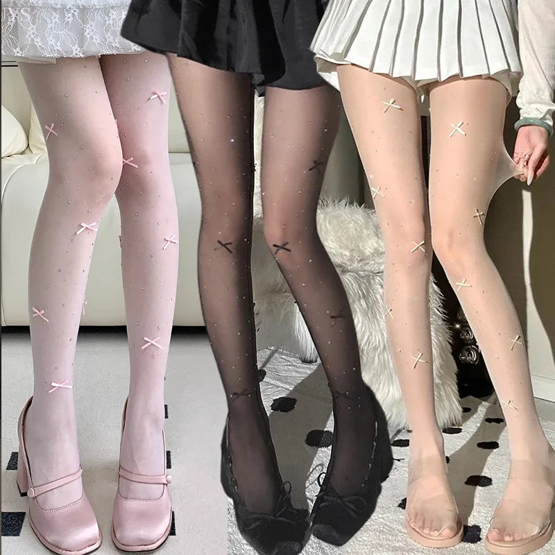 New Lolita Velvet Bowkont Embroidery Pearl Tights Pantyhose Flash Diamond Women Tight JK Style Sweet Girls Kawaii Cute Stockings.