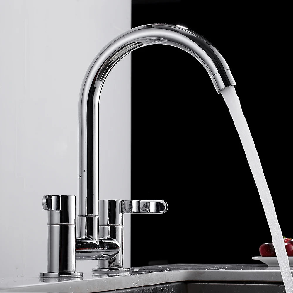 Modern Double Lever Sink Faucet Kitchen Hot Cold Wash Mix Sink Mixer Taps 360° Swivel Spout Kitchen Two Seat Elbow Faucet Filter
