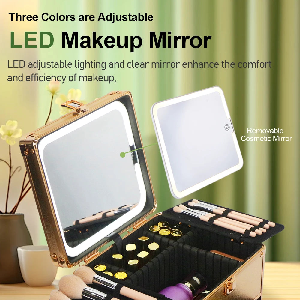 Large Capacity Makeup Case with LED Mirror Multiple Size Options Cosmetic Box LED Mirror Makeup Storage Box for Beauty Salons.