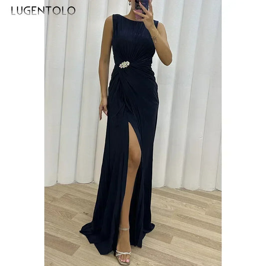 Frauen sexy Kleid neue ärmellose feste Party schlanke Empire Split weibliche elegante Rundhals Mode lange Kleidung.