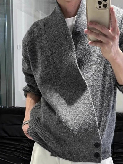 Men's Clean Fit Loose Knit Cardigan - Autumn Winter Ash Gray Relaxed Fit Dao-Style Sweater, Cozy Oversized Outerwear.