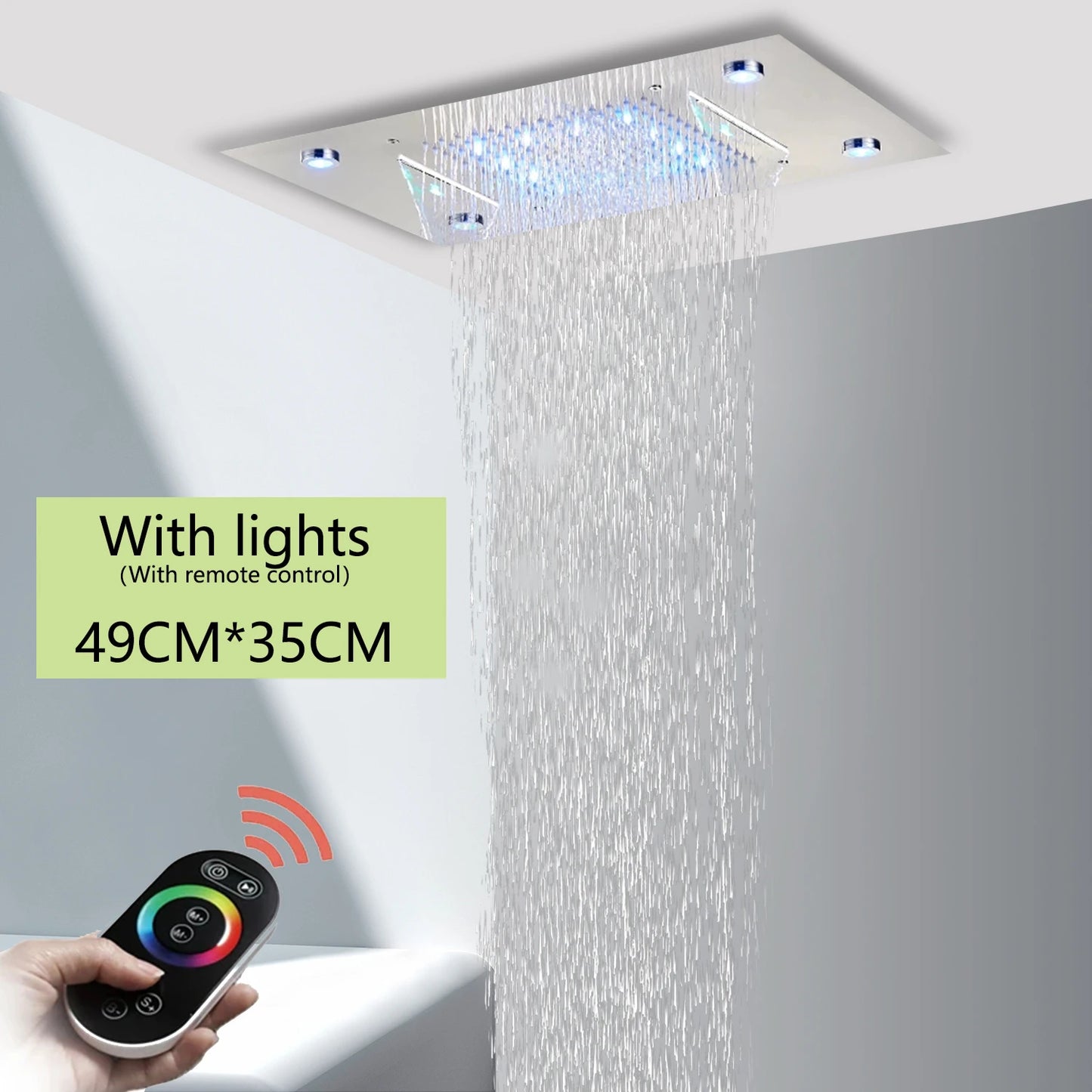 Brushed Ceiling Shower Head with LED Lights 36*50cm Large Rainfall Faucet Bathroom Tap Stainless Steel Smart Square Sprayer