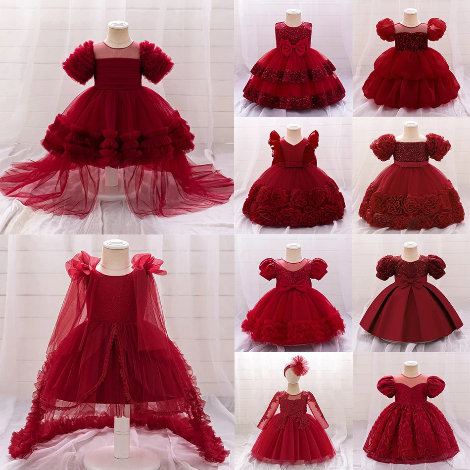 Kleinkind Rot Pailletten Mesh Kleid Mädchen Baby Einfarbig Neue Jahr Party Formale Kostüm Leistung Prinzessin Kleid Geburtstag Kleidung.