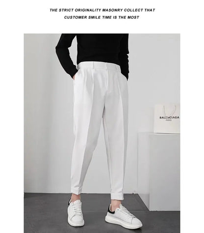 Fashion Men Casual Pants Elastic Waist Small Feet Slim Korean Style Pleated Tapered Male Blazer Pants Trousers Streetwear.