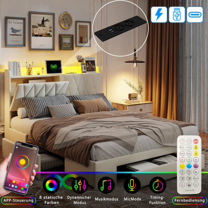 Lazyspace 140 x 200 cm großes Doppelbett mit Kopfteil, gepolstertes Bett mit 3 Schubladen, LED-Beleuchtung, USB Typ C, Samt, Beige, keine Matratze
