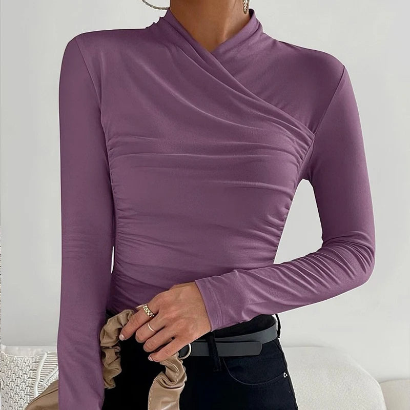 Sexy Elegant Fall Winter Long Sleeve Cross Pleated Pullover Women's Modal Solid Color Irregular Tops Street Daily Versatile Tees.