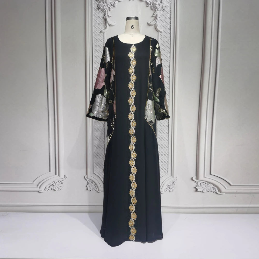 Uni Muslim Embroidery Petal Sleeve Dresses Women's Jalabiya Ramadan Moroccan Dubai Fashion Kebaya Casual Loose Abayas 2025.