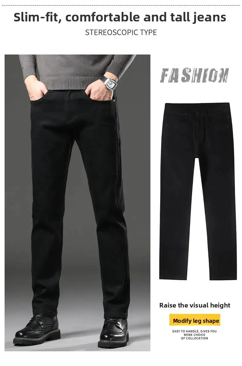 Men's Black Straight Leg Jeans Casual Elastic Business Pants High Waist Slim Fit Long Trousers New 2025 Gray Color.