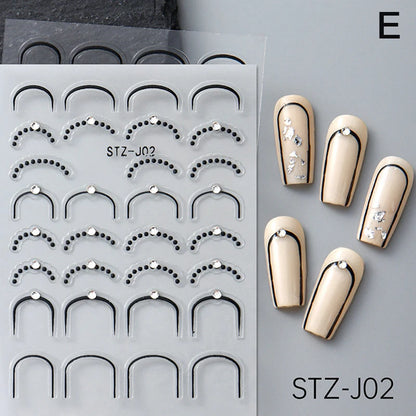 French Tips Nail Sticker 5D Embossed Crystal French Nail Decals Gold Silver Black Line Design Adhesive Slider Nails Art.