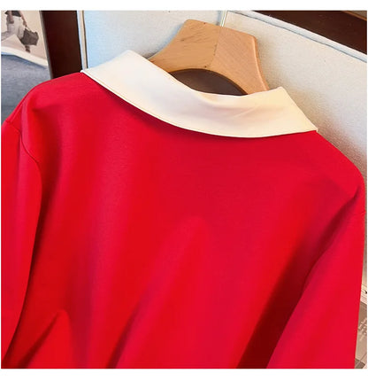 170kg plus size Damen büste Herbst lose Revers Langarm Sweatshirt schwarz rot 6xl 7xl 8xl 9xl 10xl 11xl