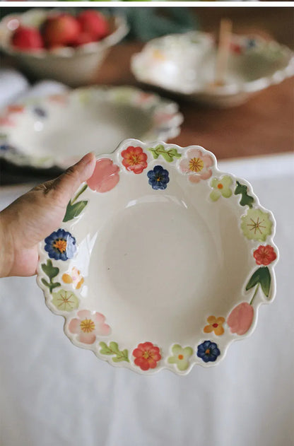 Floral Embossed Rim Soup Dessert Plate - Elegant Ceramic Appetizer Dish for Breakfast, Cafe Dining, Home Kitchen Tableware Set.