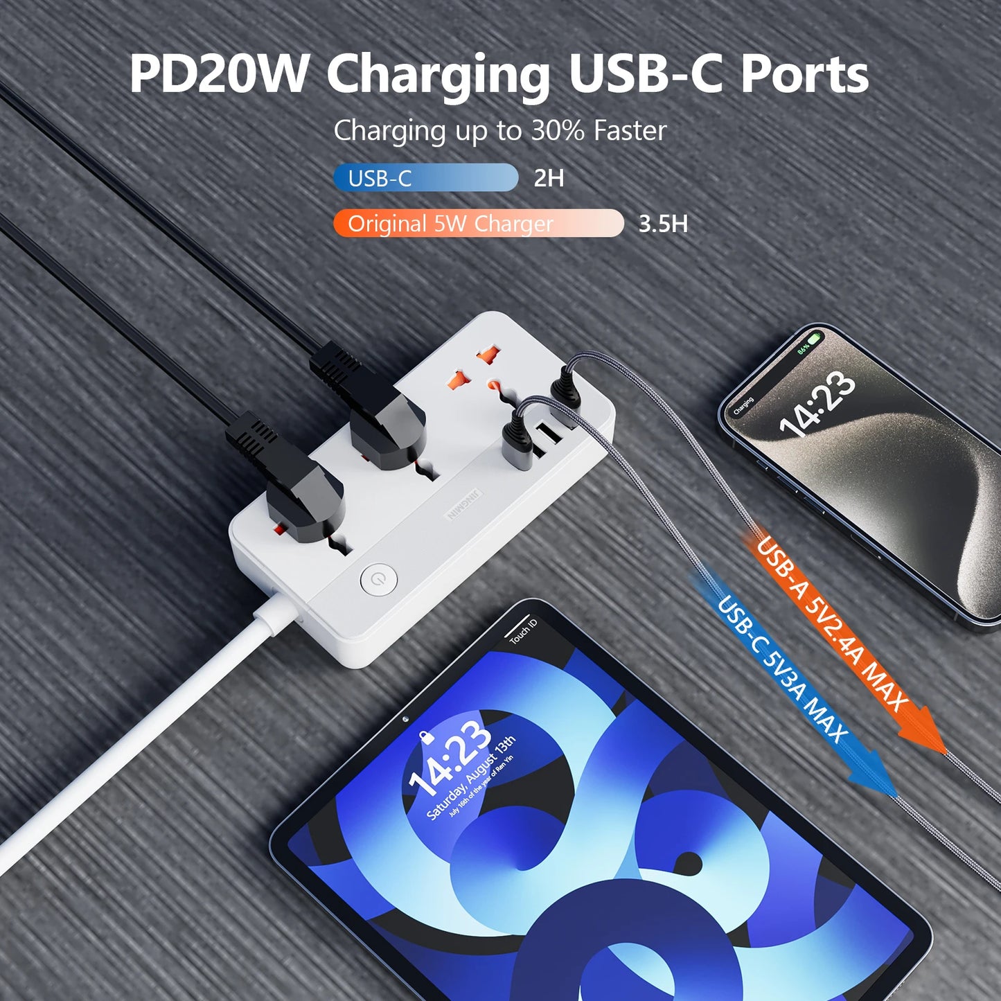 Power Multi Tap Universal Stecker EU Steckdose Steckdosenleiste mit 1,9 m Verlängerungskabel AC Typ C USB Port Charge PD 20 W Steckdose.