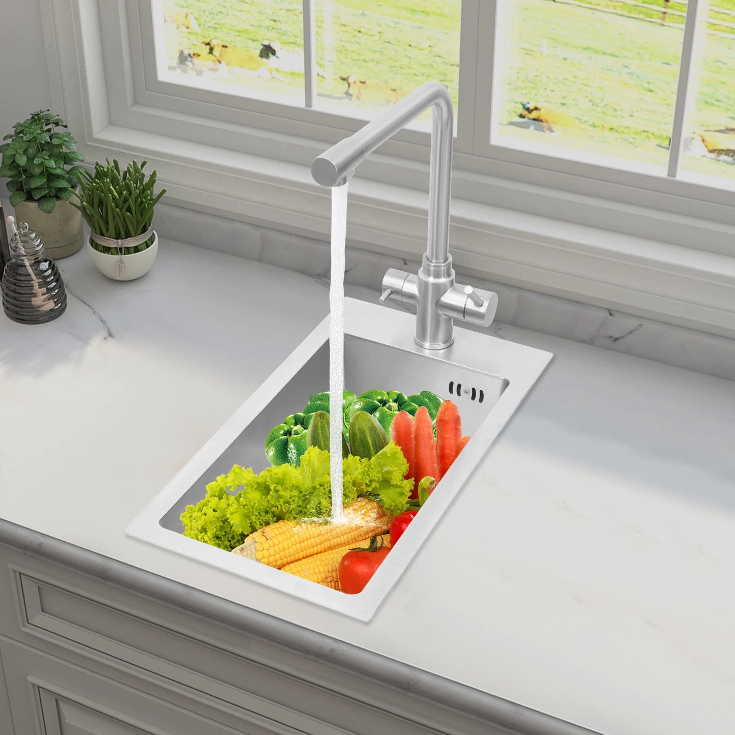 Edelstahlspüle, Küchenspüle, kleine Küchenspüle, Mini-Spüle mit Wasserhahn und Abfluss, 50 x 28 cm