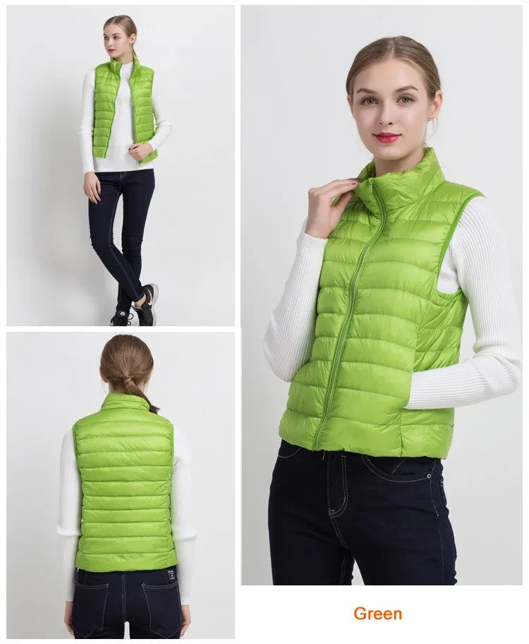 0-10 ℃   Frauen Westen Herbst Winter Ultra Licht Ente Unten Weste Weibliche Dünne Ärmellose Jacke Winddicht Warme Puffer Weste 4XL.
